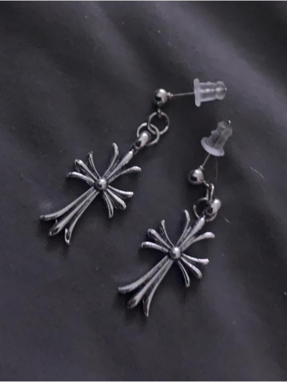 Silver Cross Dangle Earrings - Gunmetal Tone